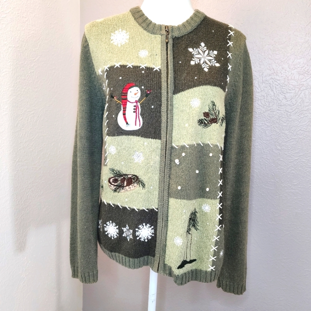 Vintage Croft & Barrow Women's Full Zip XL Cardigan‎ Sweater Green Snowman